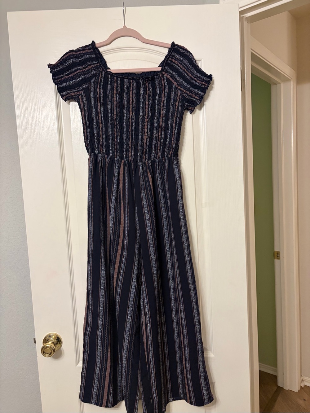 Xhilaration Navy Striped Smocked Jumpsuit Dress